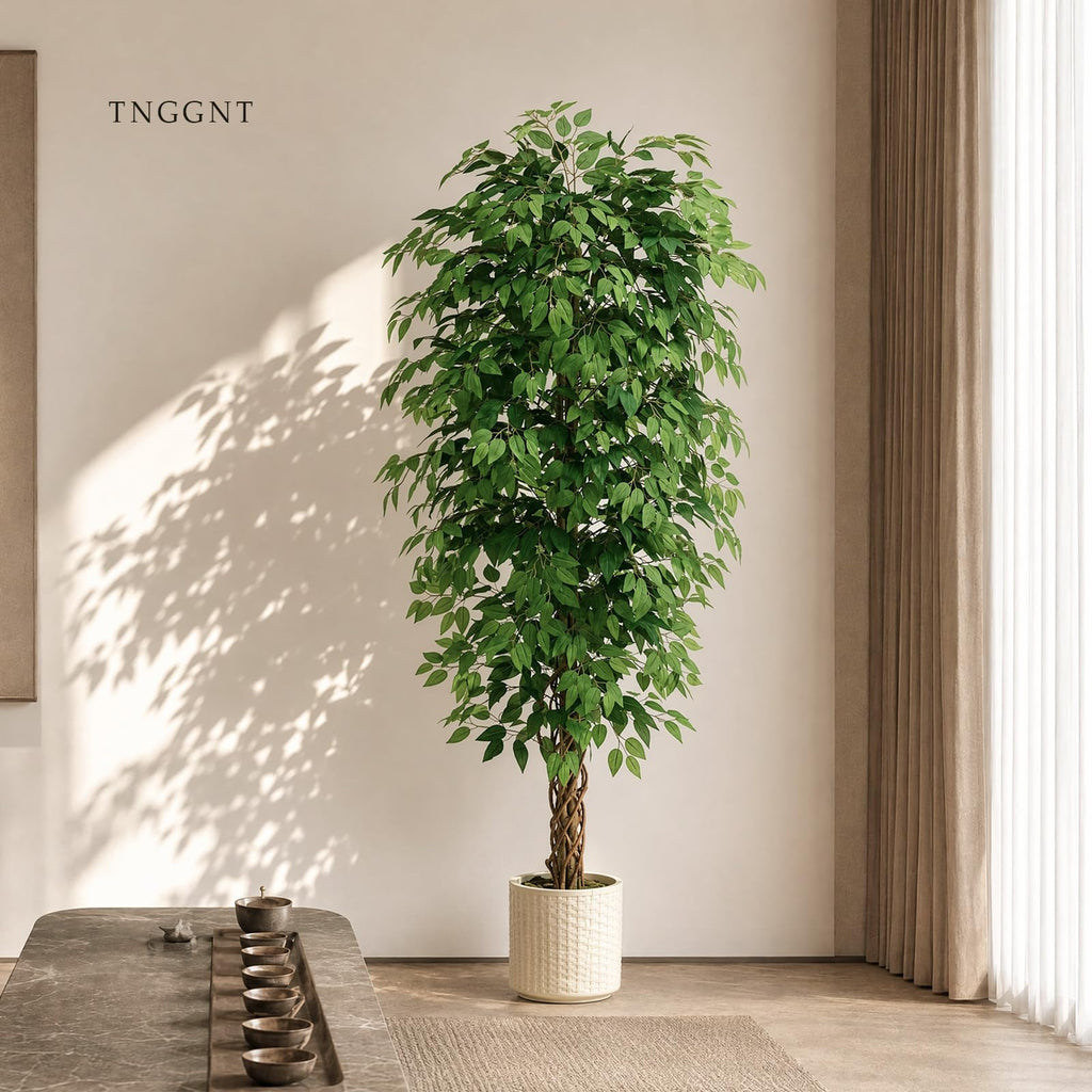 Artificial Ficus Tree:7FT Tall Faux Silk Floor Plant (White Planter)