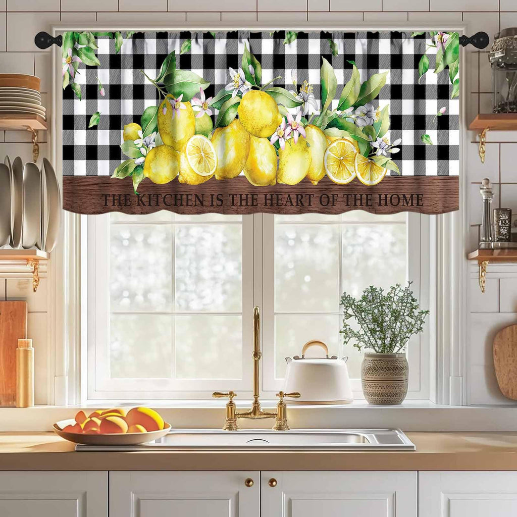 Lemon Window Valance, Summer Kitchen Decor Farmhouse Yellow Fruit Watercolor Floral Rustic Plant Wood Plaid Printed