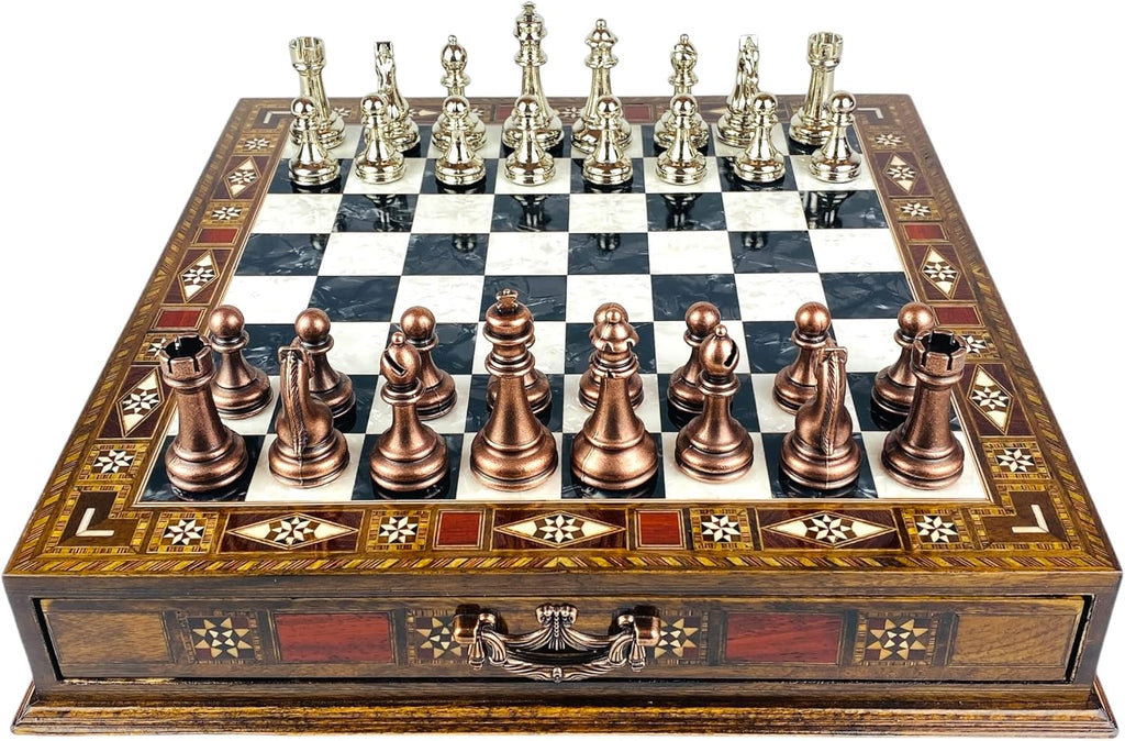 Premium Large Size Classic Chess Set with Metal Chessmen (Black Chess Board and Bronze&Silver Chess Pieces)