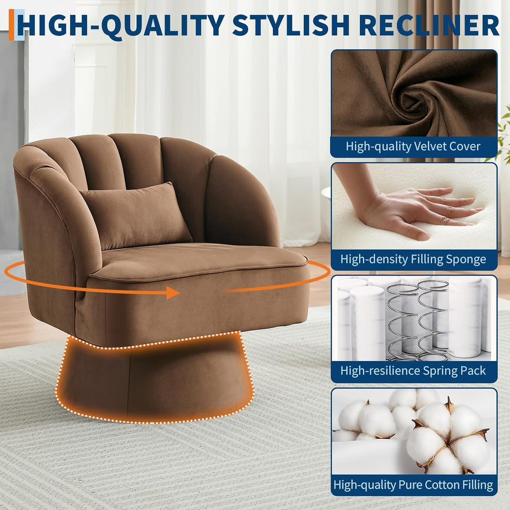 Modern Swivel Barrel Accent Chair, 360 Degree Velvet Upholstered Armchair with Striped Backrest & Plush Padding