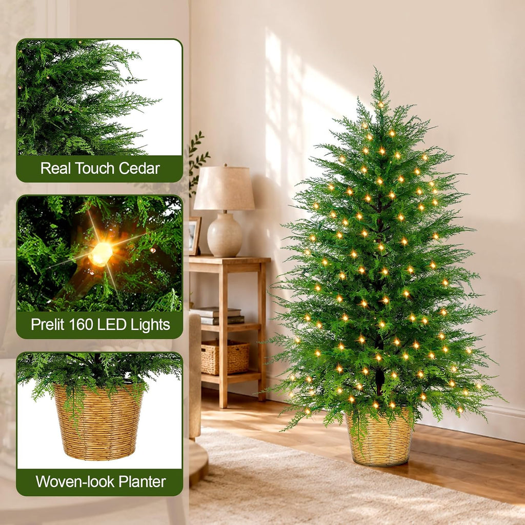 4FT Prelit Artificial Cedar Christmas Tree with Lights Plug in Power, Faux Cedar Potted Christmas Tree in Decorative
