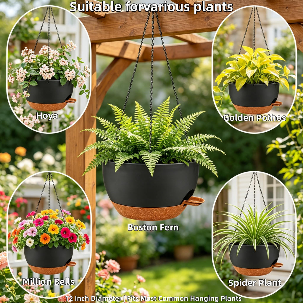 12" Self Watering Hanging Planters with Chains, Black Brown, 2 Pack