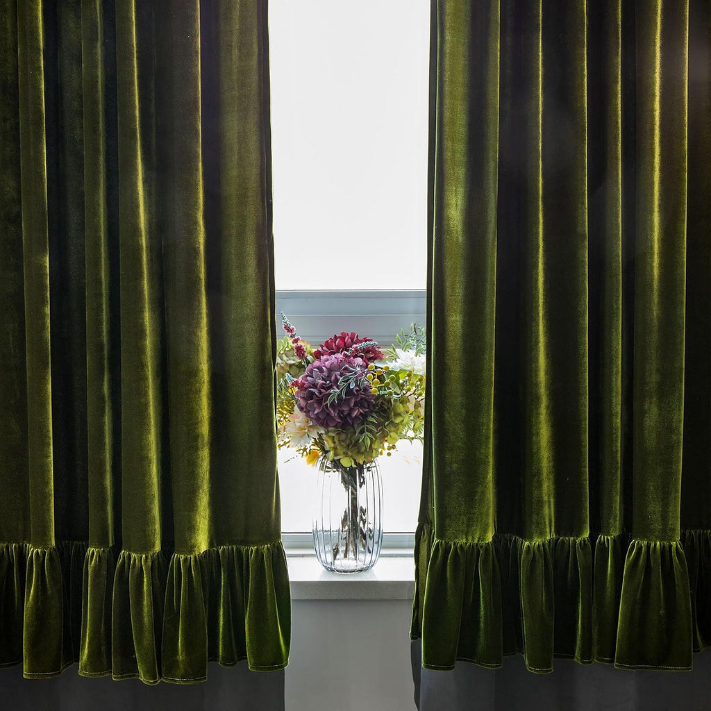 Velvet Curtains Set of 2 Retro Ruffle Flounces Trim Soft Decorative Luxurious Solid Olive Green Farmhouse Vintage