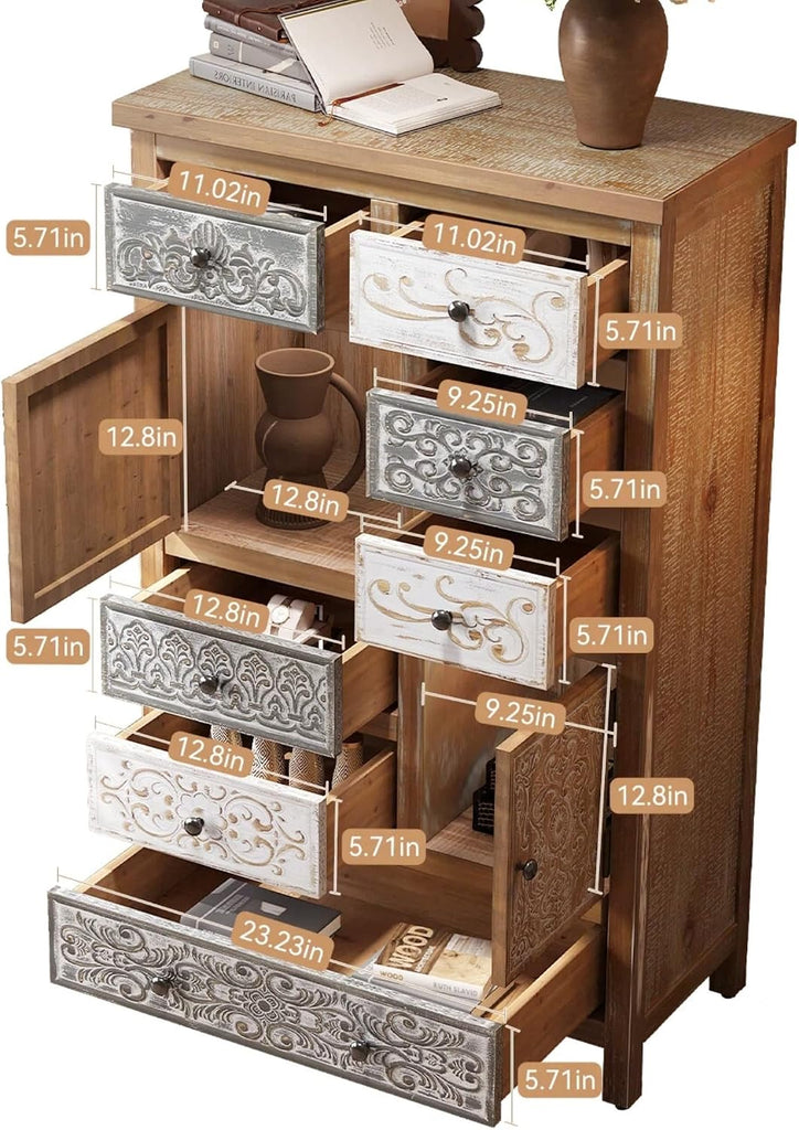 Solid Wood Tall Accent Chest with Drawers,Carved Storage Cabinet | Storage Drawers,Solid Wood Material,Hand-Carved