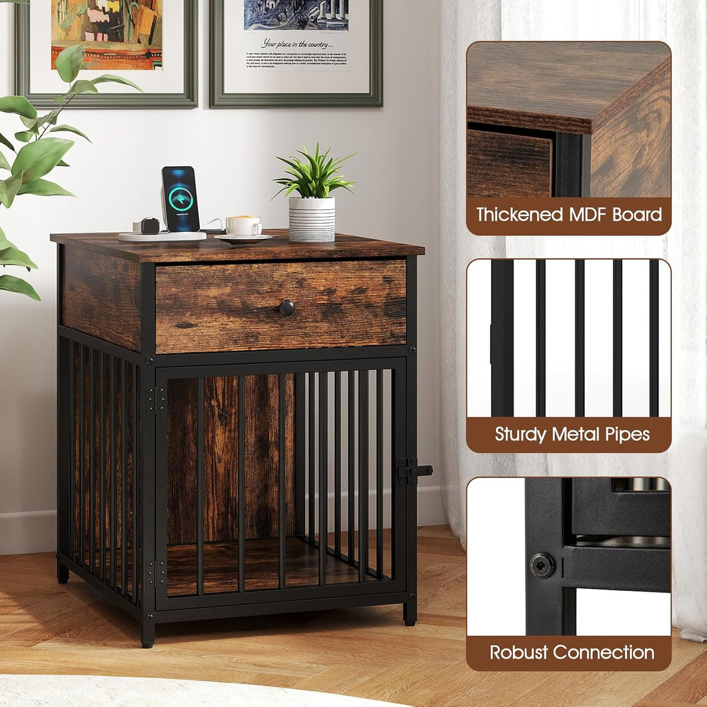 Industrial Dog Crate Furniture with Charging Station, Wooden Dog Kennel with Drawer and Lockable Door, 2 AC Outlets