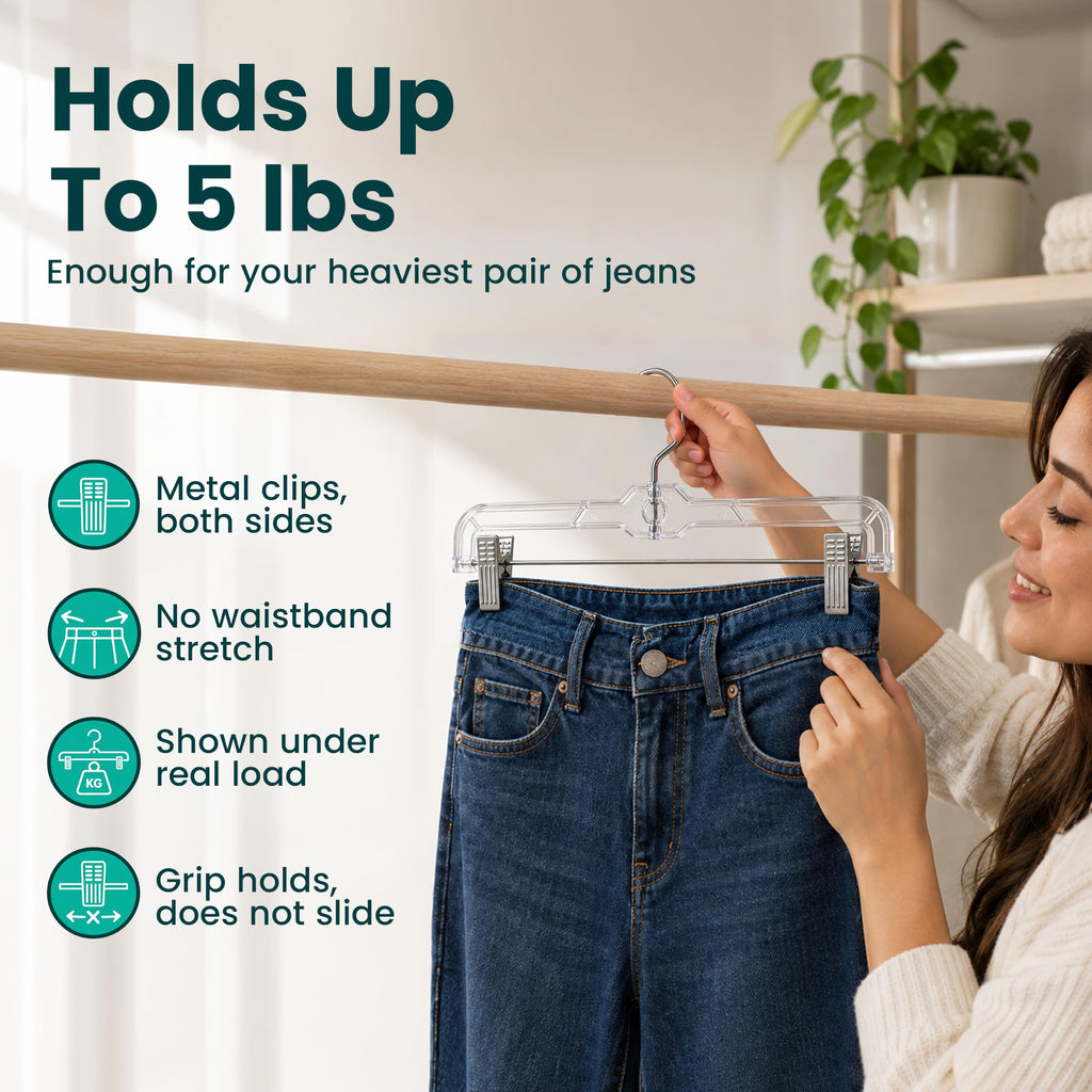 14 Inch Clear Pants Hangers with Clips, Skirt Hangers (25 Pack)