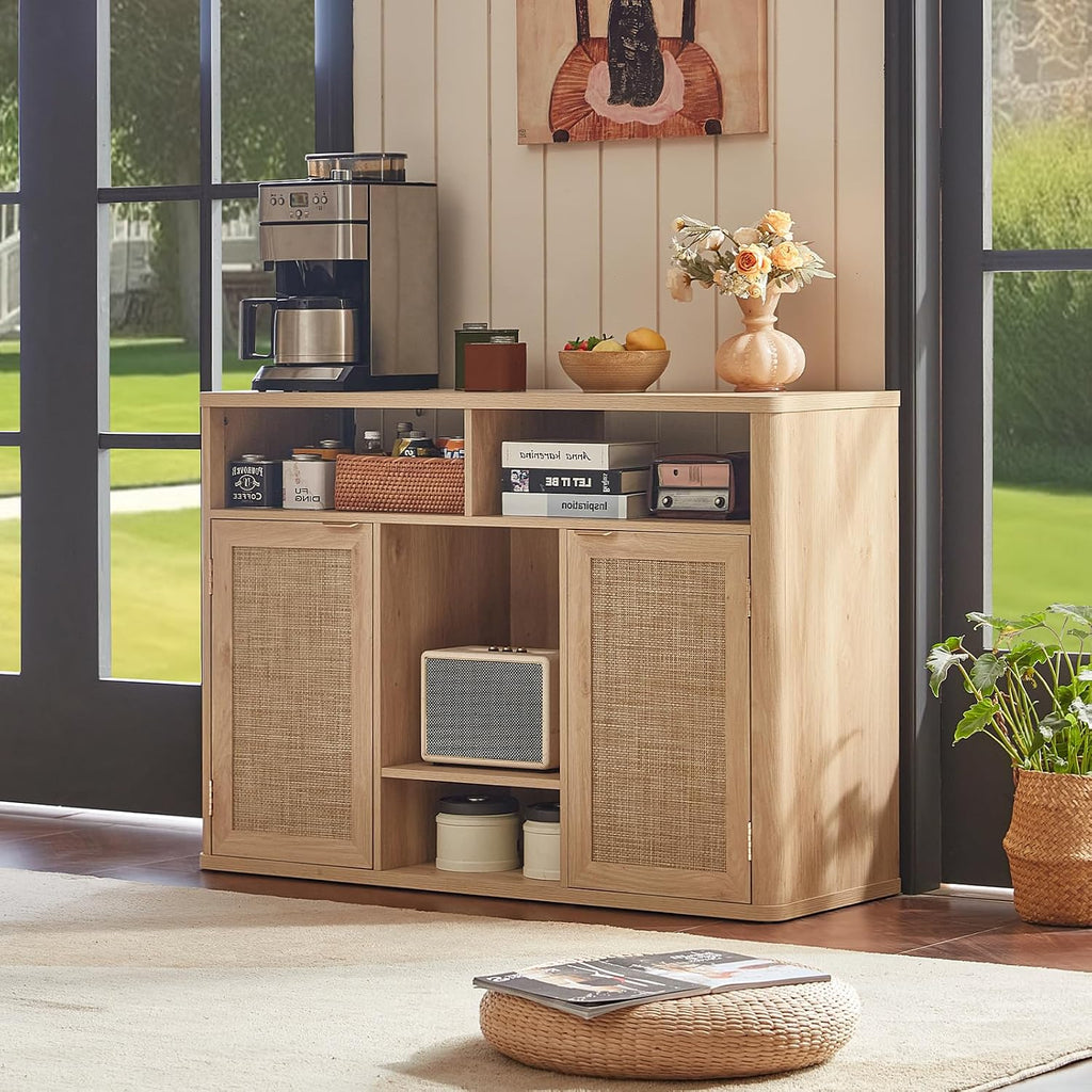 Rattan Wine Bar Cabinet with 2 Doors, Natural Wood | Boho Liquor Cabinet with Wine Racks & 2 Open Shelves & Rounded