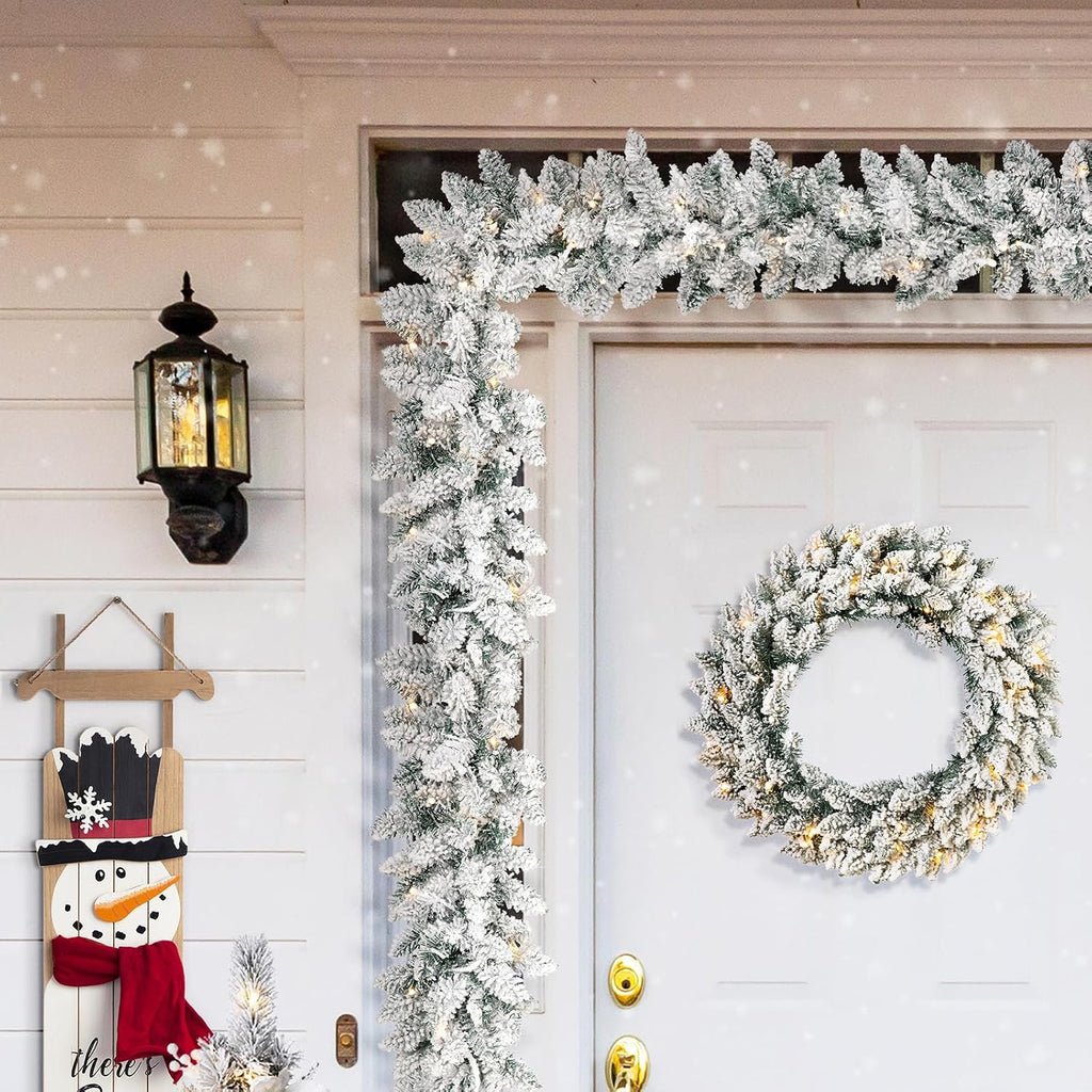 For Mantle, Pre-Lit Snow Flocked Christmas Garland with Warm White LED Lights and Timer for Fireplace, Dining Table