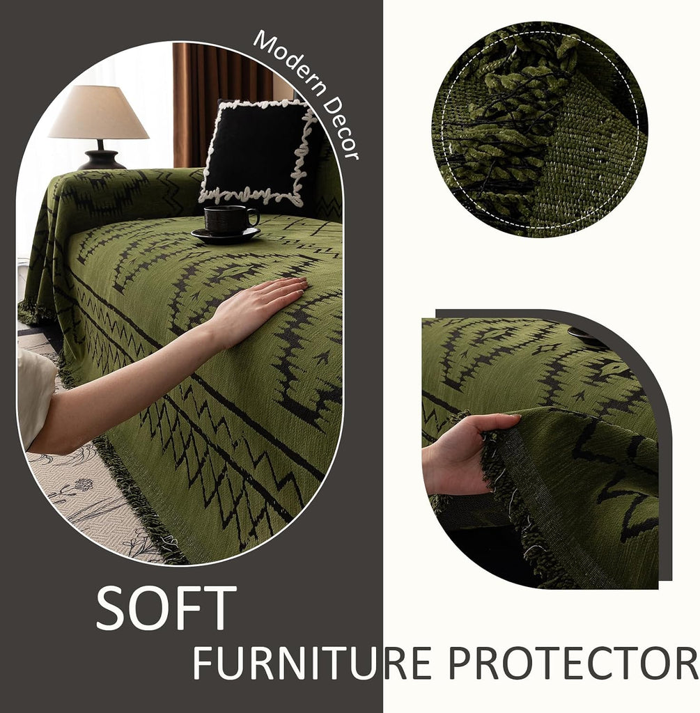 Bohemian Green Couch Cover for Dog, Non Slip Sectional Sofa Covers Furniture Protector Washable Tribal Pattern Couch