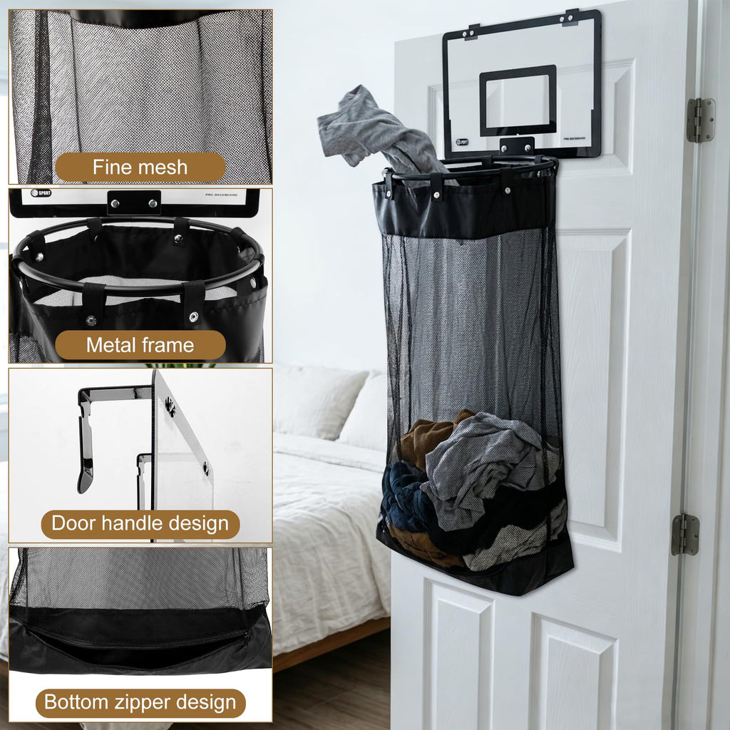 Over the Door Basketball Hamper, 2-in-1 Hanging Dirty Clothes Organizer with Hoop Design, Kids Room Fun Toss Storage