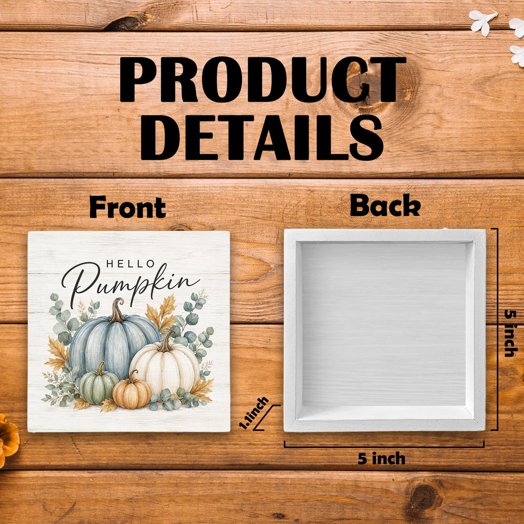 Fall Pumpkin Eucalyptus Botanical Wood Box Sign Desk Decor 5X5