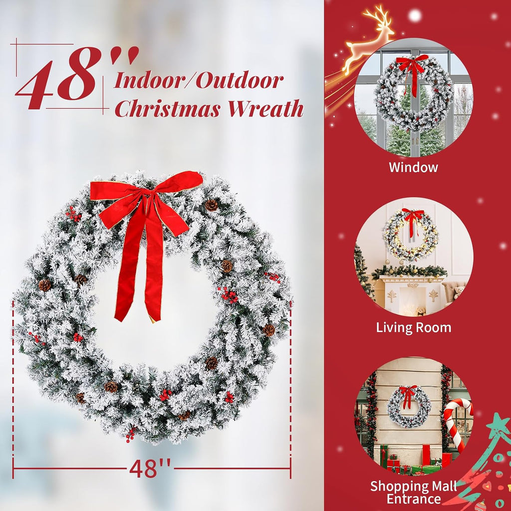 48 in Snow Flocked Christmas Wreath, 150 Warm White Lights