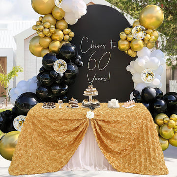 Gold 3D Floral Rosette Satin Tablecloth 90"x132" Anniversary