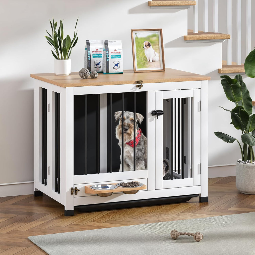 31.5" Dog Crate Furniture with Detachable Tray & 360° Rotating Feeder