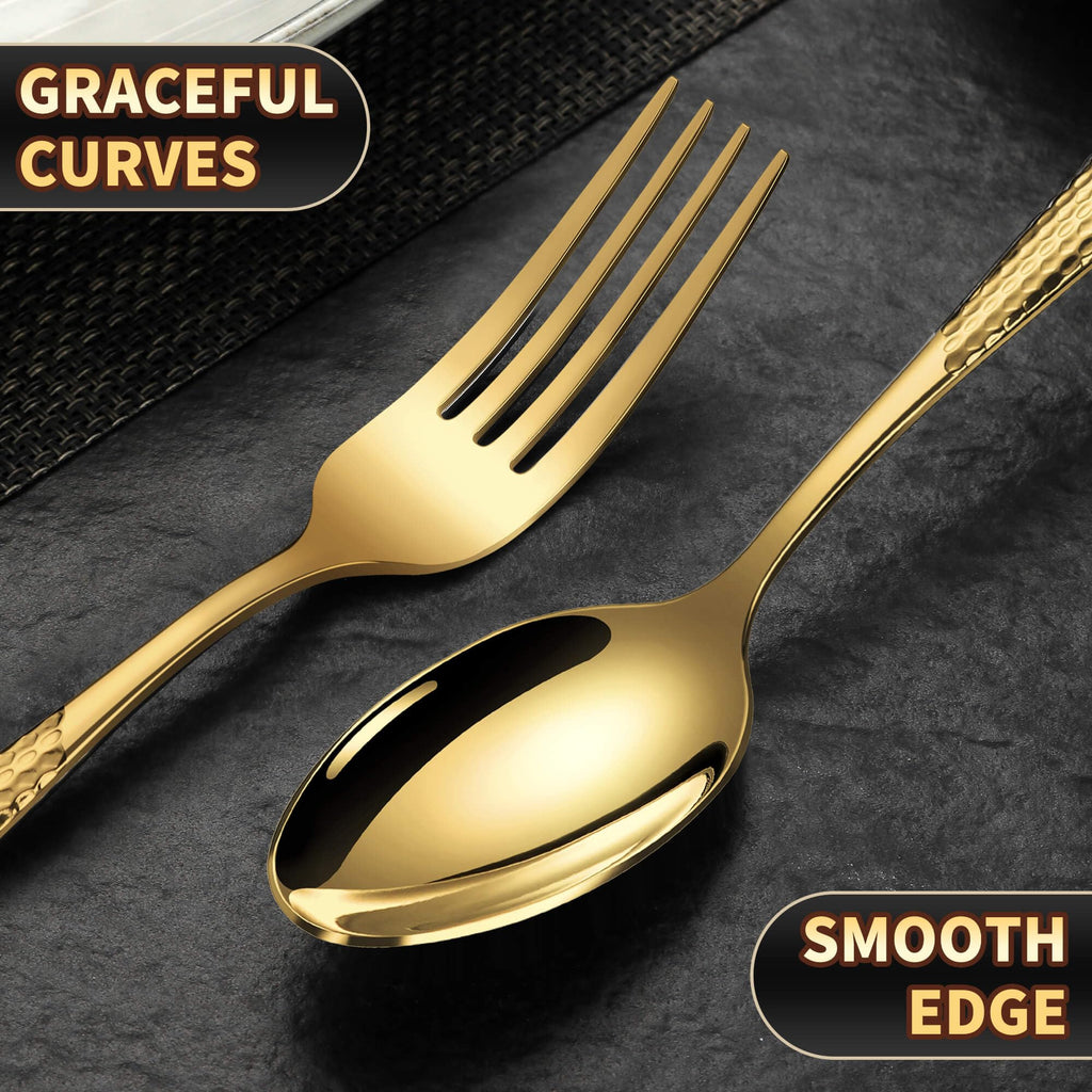 Hammered Gold Silverware Set for 8,18/10 Stainless Steel Flatware Set with Serrated Forged Knives,Heavy Duty