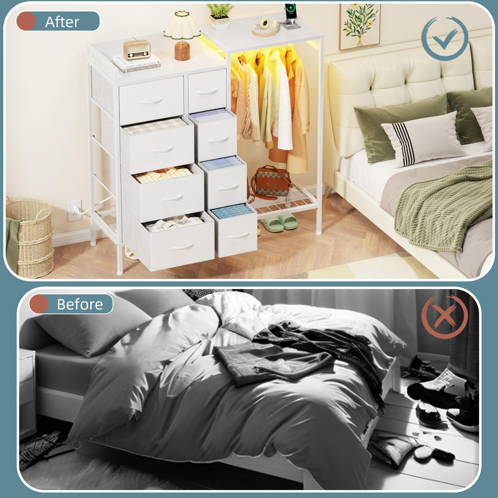 8-Drawer with Hanging Rack, White, 11.8"D