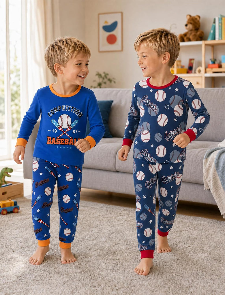 Boys Cotton Pajamas 4Piece Snug Fit Stretch Long Sleeve PJs