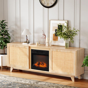 Electric Fireplace TV Stand with Rattan Doors, Fireplace TV Stand for up to 70 inch TVs, Adjustable Shelves & Heater