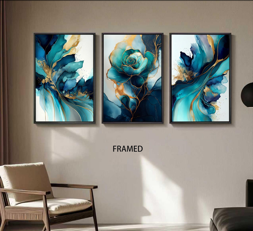 Framed Green gold canvas wall art Modern Blue Green and Gold Abstract Marble Fluid Posters Print Artwork Living Room