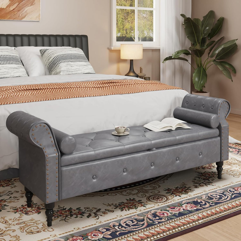 65 Inch End of Bed Storage Bench ,King Size Bed | Large Upholstered Benches for Foot of Bed,Storage Chest with Rolled