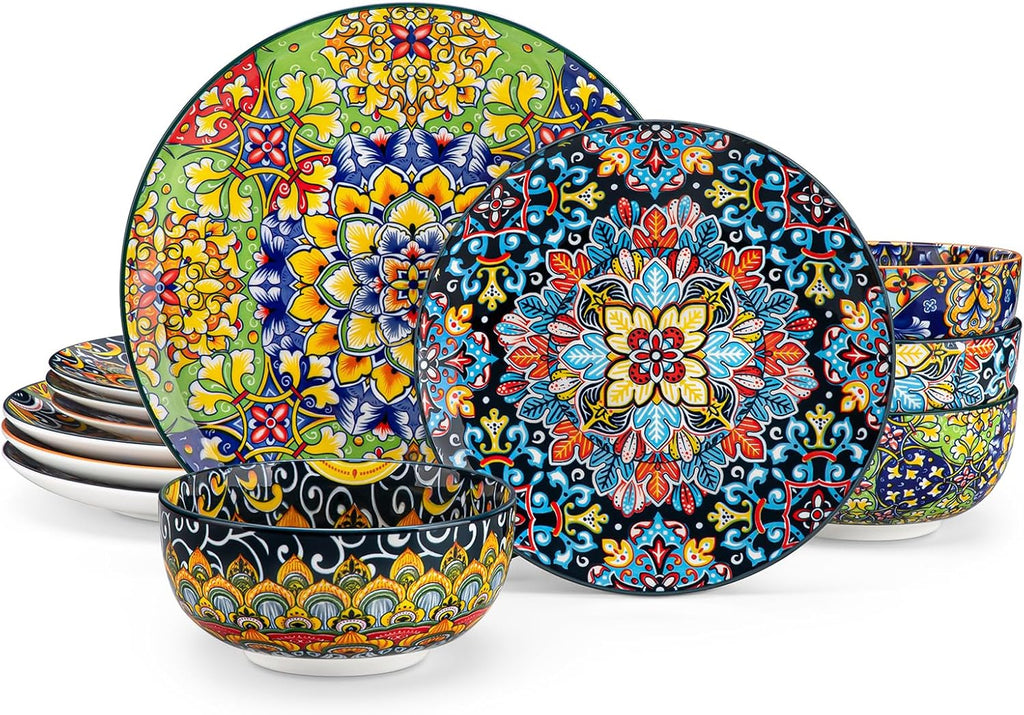 12 Pieces Dinnerware Sets, Plates and Bowls Set, Porcelain Dishes Set for 4, Microwave and Dishwasher Safe