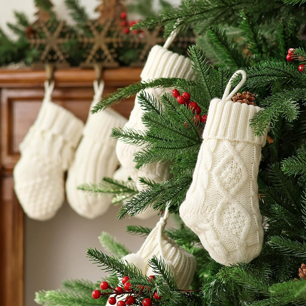 Rustic Mini Knitted Christmas Stockings: 6 Pack 9 Inch Beige Cable Knit Fireplace Stockings, Farmhouse Boho Style - Set of 6