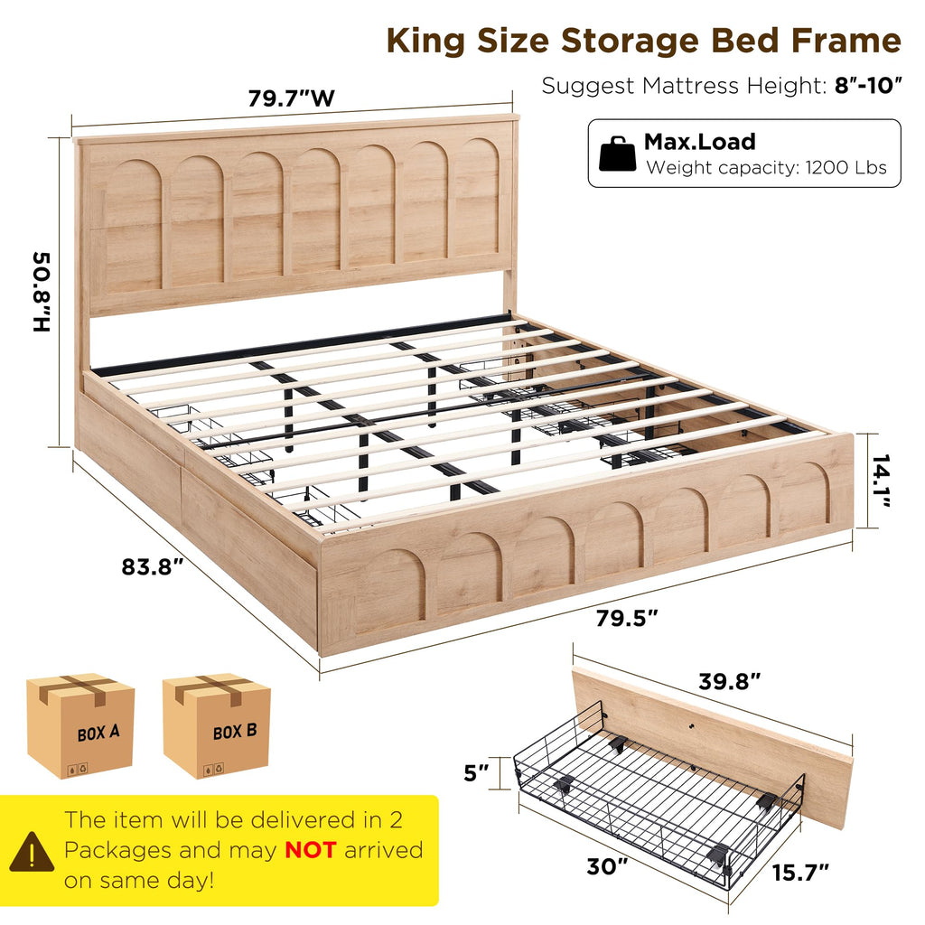 Arched King Size Bed Frame Modern with 4 Drawers, Natural Oak