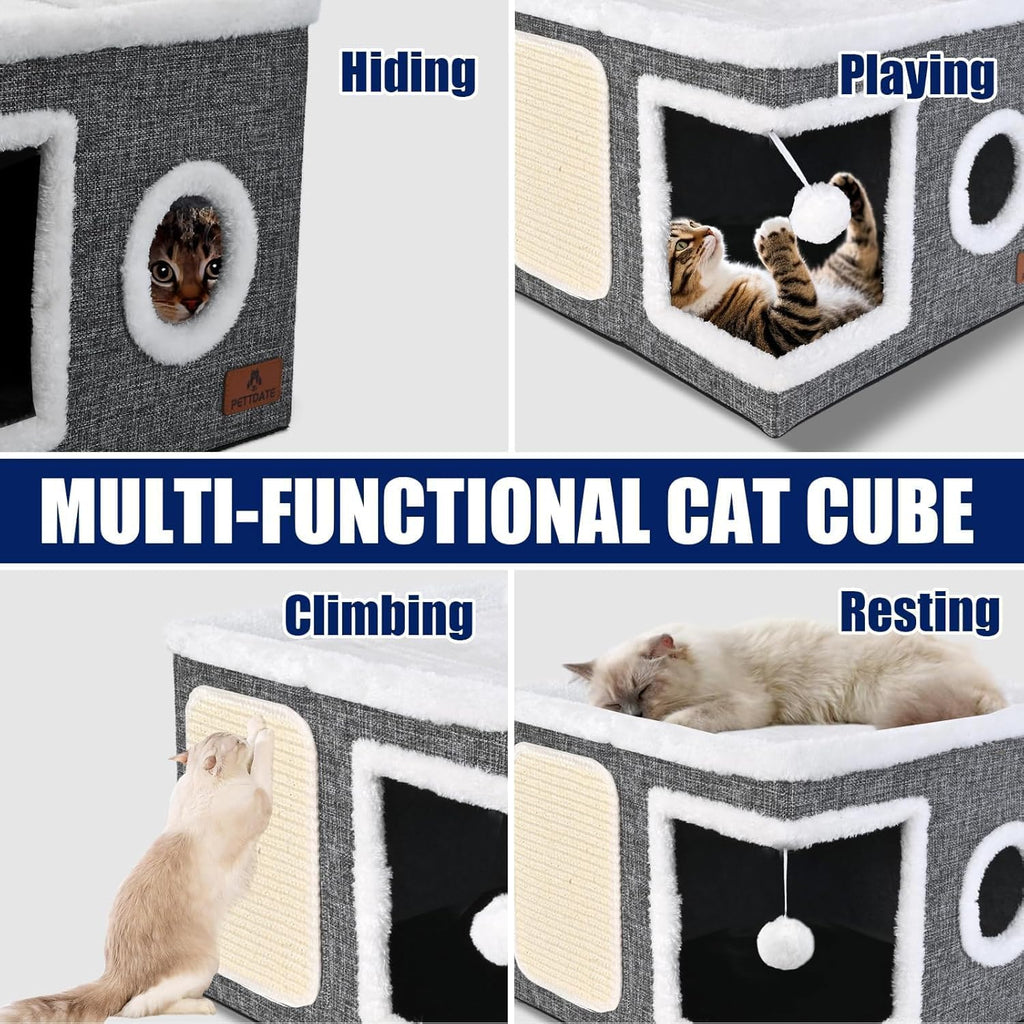 Cat Beds for Indoor Cats, Large Cat Cave Bed with Scratch Pad and Fluffy Ball, Foldable Cat Hideaway, Cat House