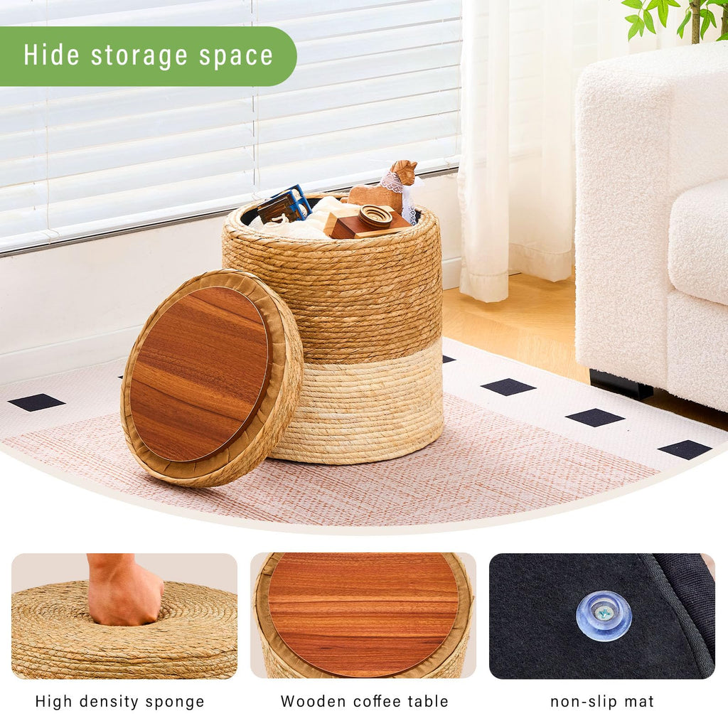 14" Natural Grass Round Storage Pouf Ottoman Handwoven Pouffe Rattan Stool