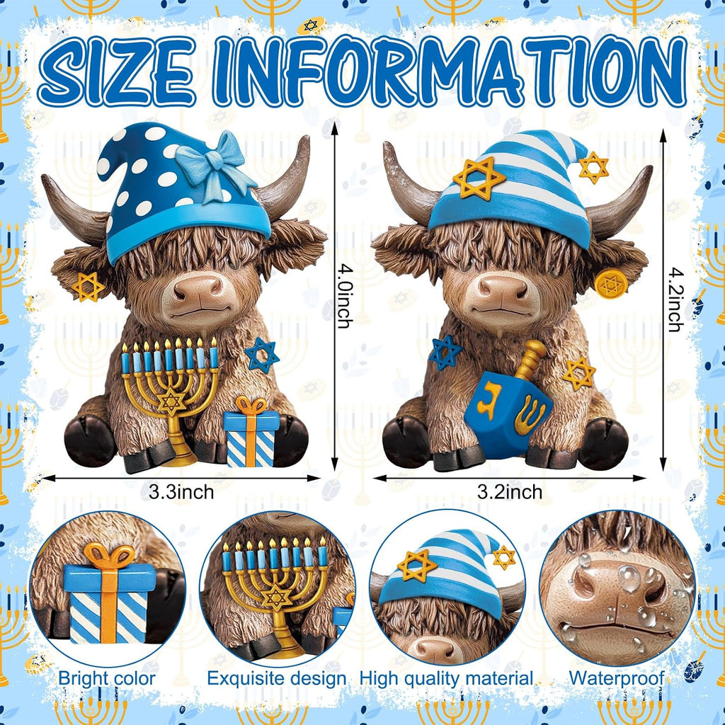 Highland Cow Figurines Resin, Hanukkah Decor Desk - Set of 2
