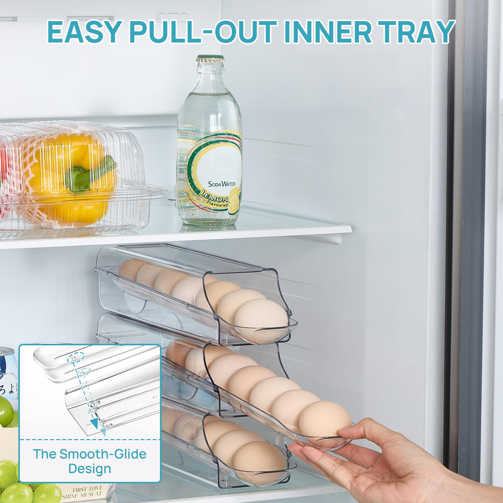 3 Pack Auto Rolling Egg Holder for Fridge, egg container for refrigerator