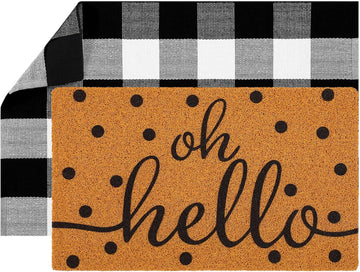2 Pcs Front Door Mat Buffalo Outdoor Rug Oh Hello Doormat Decor Coir Mat Nonslip Porch Checkered Layered Front Door