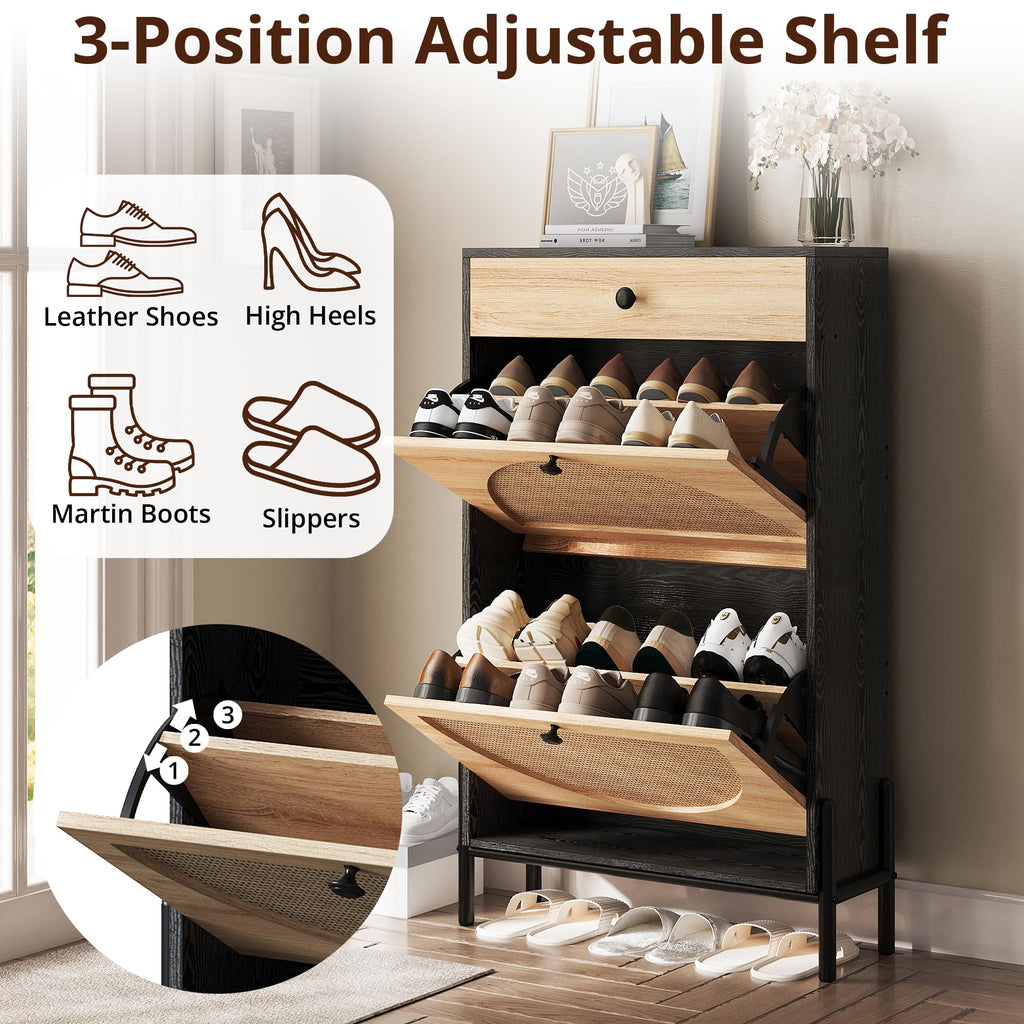 Shoe Cabinet with 2 Flip Drawers, Shoe Storage Cabinet, Free Standing Shoe Storage Organizer with Rattan Doors Slim