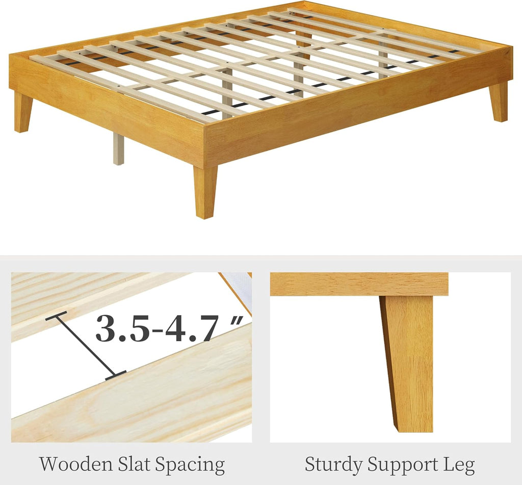 Solid Wood Platform Bed Frame Low-Profile Natural Wood