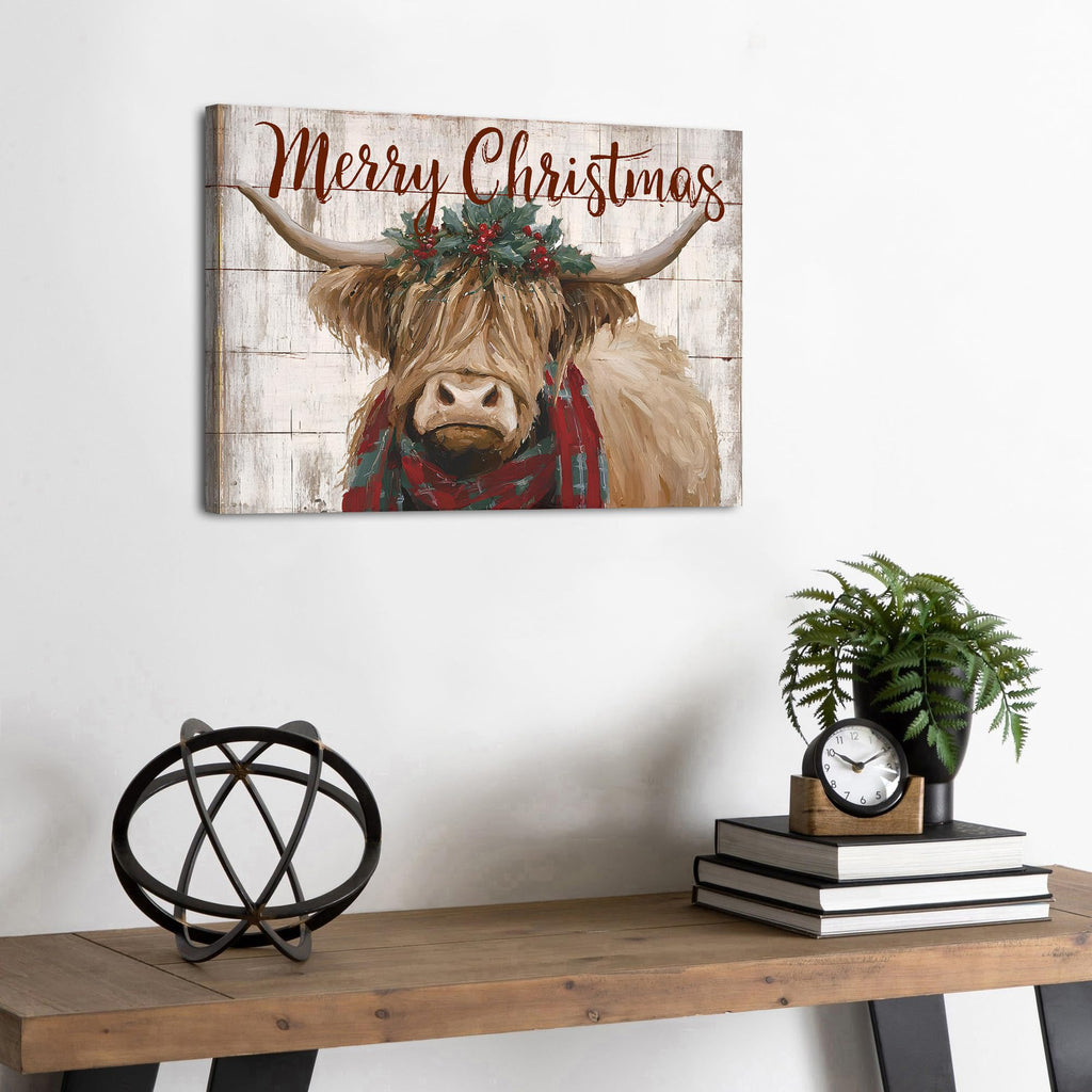 Christmas Highland Cow Wall Art Merry Christmas Sign Poster Rustic Farmhouse Cow Pictures Wall Decor Rustic Wood