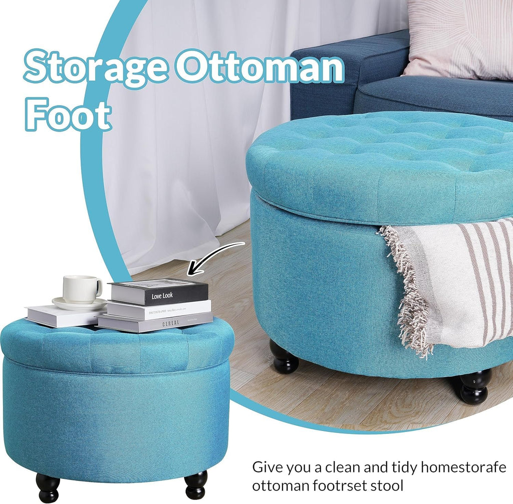Large Button Tufted Accent Round Storage Ottoman Upholstered Ottoman with Storage, 24.4" x 24.4" x 16.9", Blue