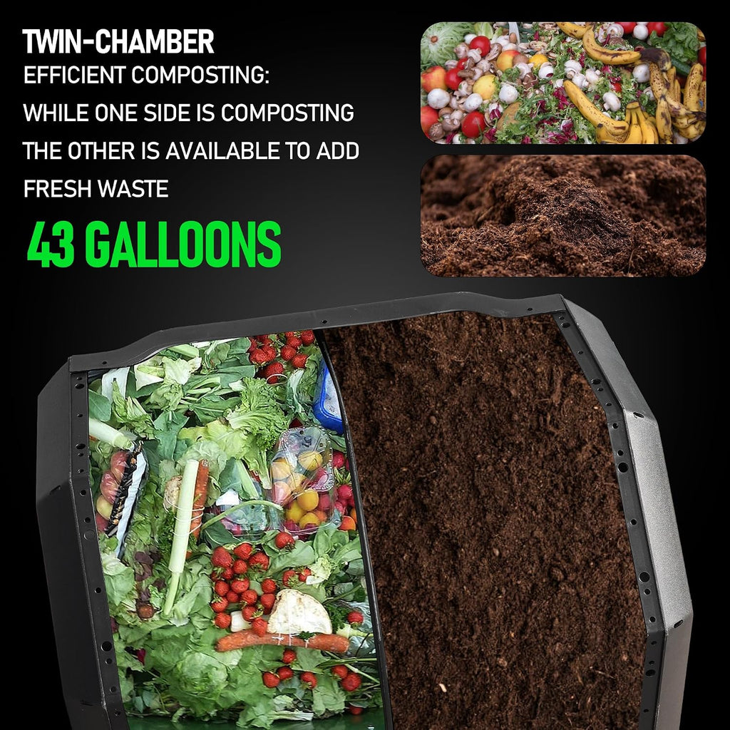 Compost Bin Outdoor, 43 Gallon Dual Chamber Tumbling Composting Bin with Sliding Doors, Tumbler Rotating Batch