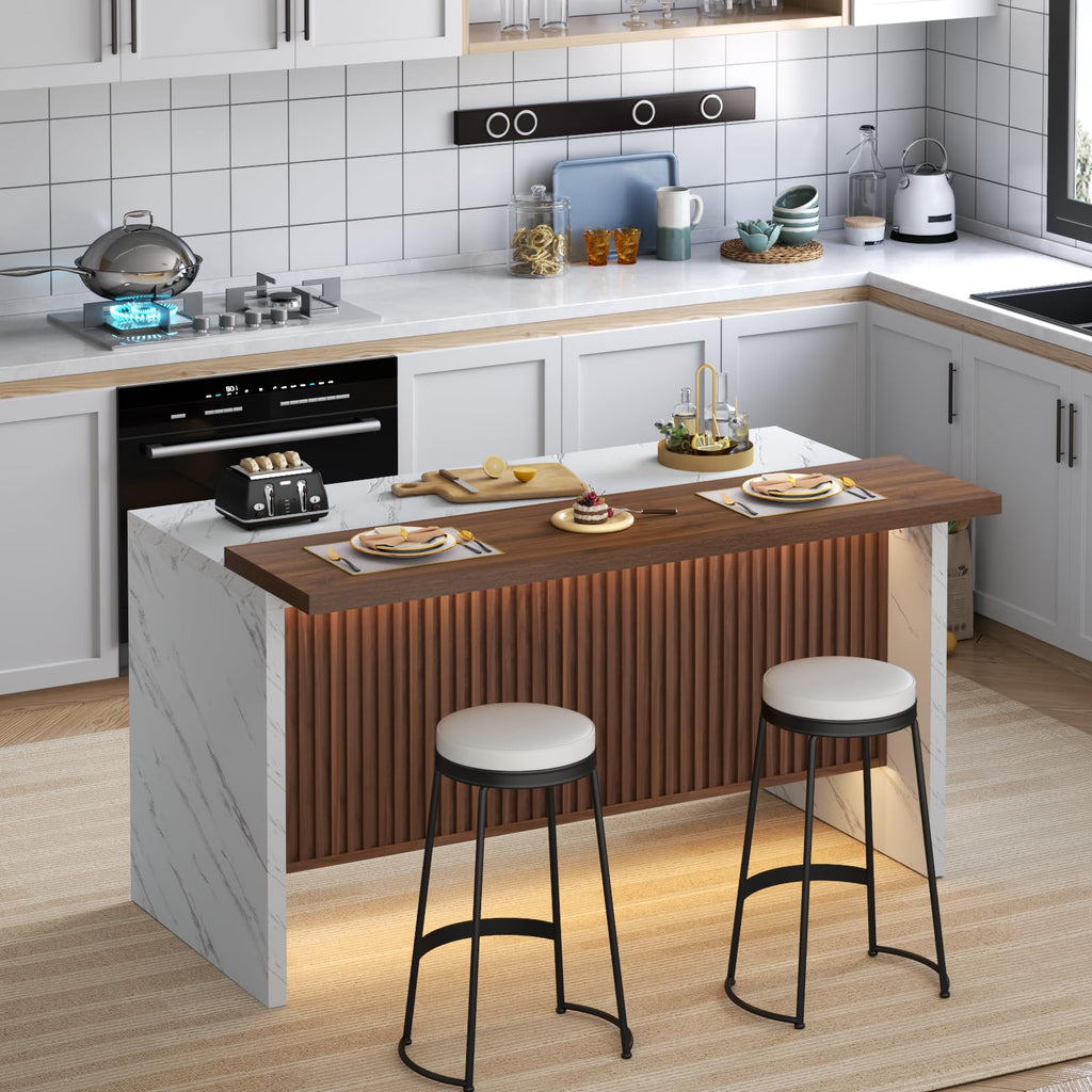 63" Large Imitation Marble Bar Table, Kitchen Island Table with LED Lights