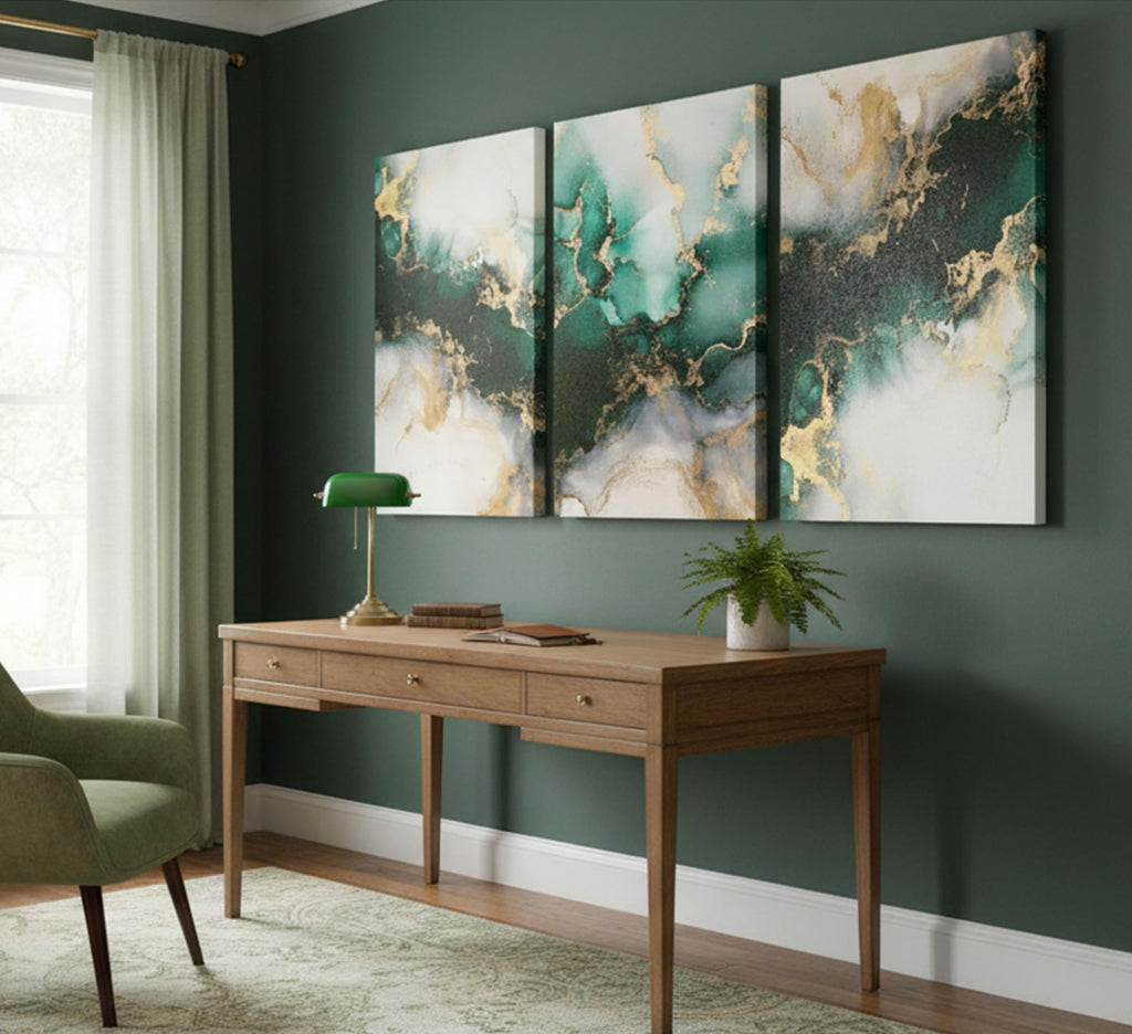 3 Piecs Emerald Green and Gold Canvas Wall Art 12x16in
