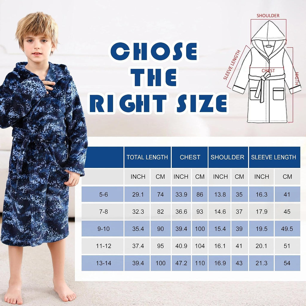 Boys Fleece Robe, Hooded Soft Fuzzy Bathrobe for Kids