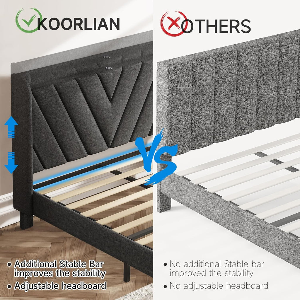 Queen Bed Frame with Headboard, Adjustable Upholstered Platform Bed Frame with Type-C&USB Ports