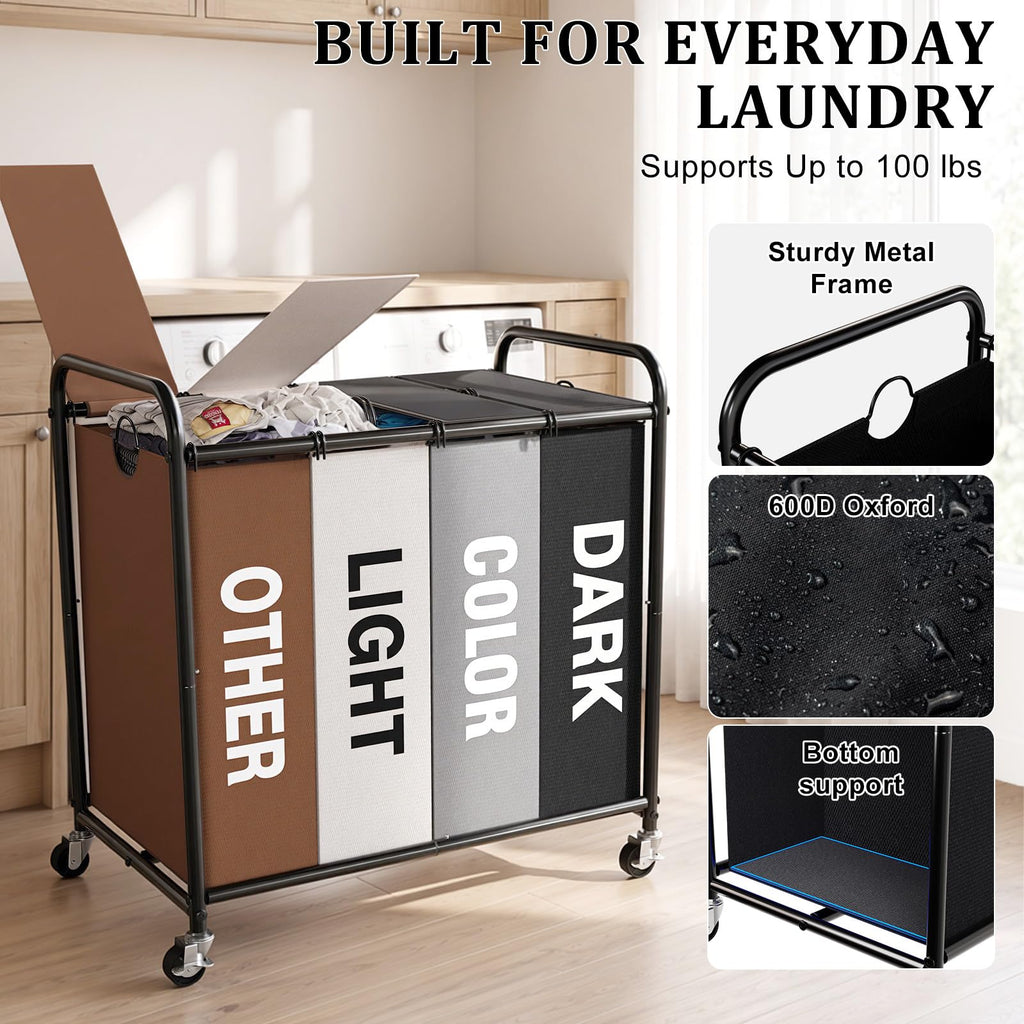Laundry Sorter 4 Section with Lockable Wheels and Lid Multicolor