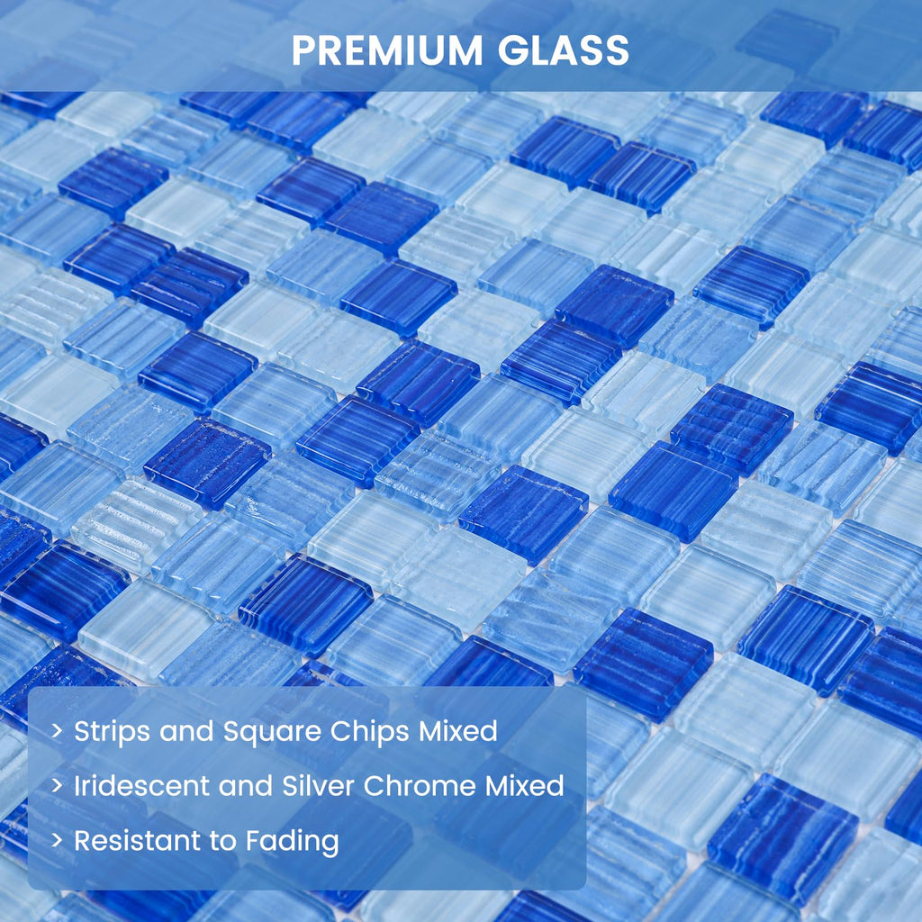 Glass Pool Tile Mosaic Backsplash Mixed Blue 12 Inch 5-Pack