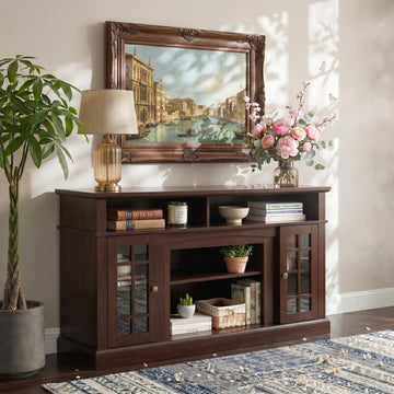 Traditional American Country Style TV Stand with Glass Door, 58"W Large Entertainment Center with Open Shelves, Home