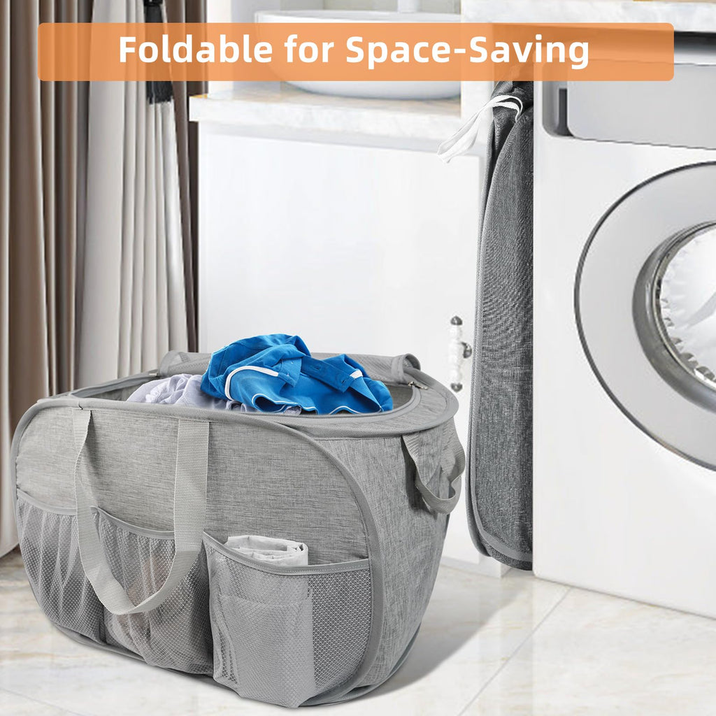 Collapsible Laundry Baskets with Lid, Foldable Laundry Basket with Pockets, Pop Up Laundry Hamper with Dual Handles