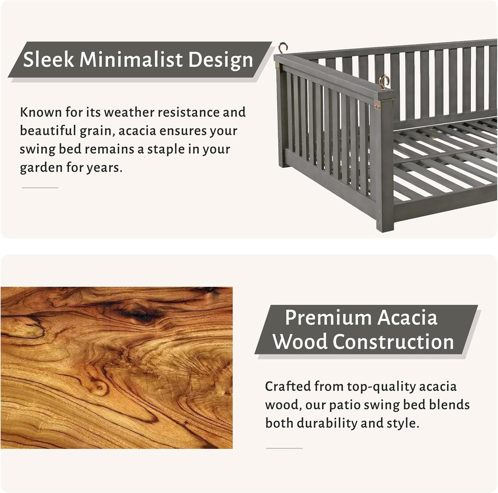 Outdoor Porch Swing Bed, Twin Size Acacia Wood Daybed (Gray) | Acacia Wood Frame, Hemp Ropes, Fits Twin Mattress