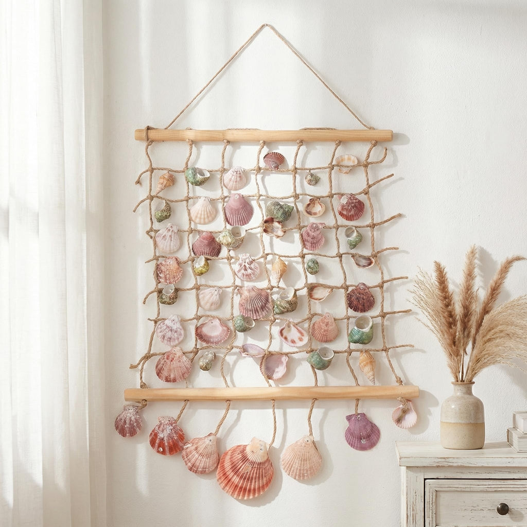 Sea Shell Wall Hanging Decor: Beach Ocean Macrame Wall Hanging Seashell Decor Coastal Beach Themed Room - 20x15 Inch