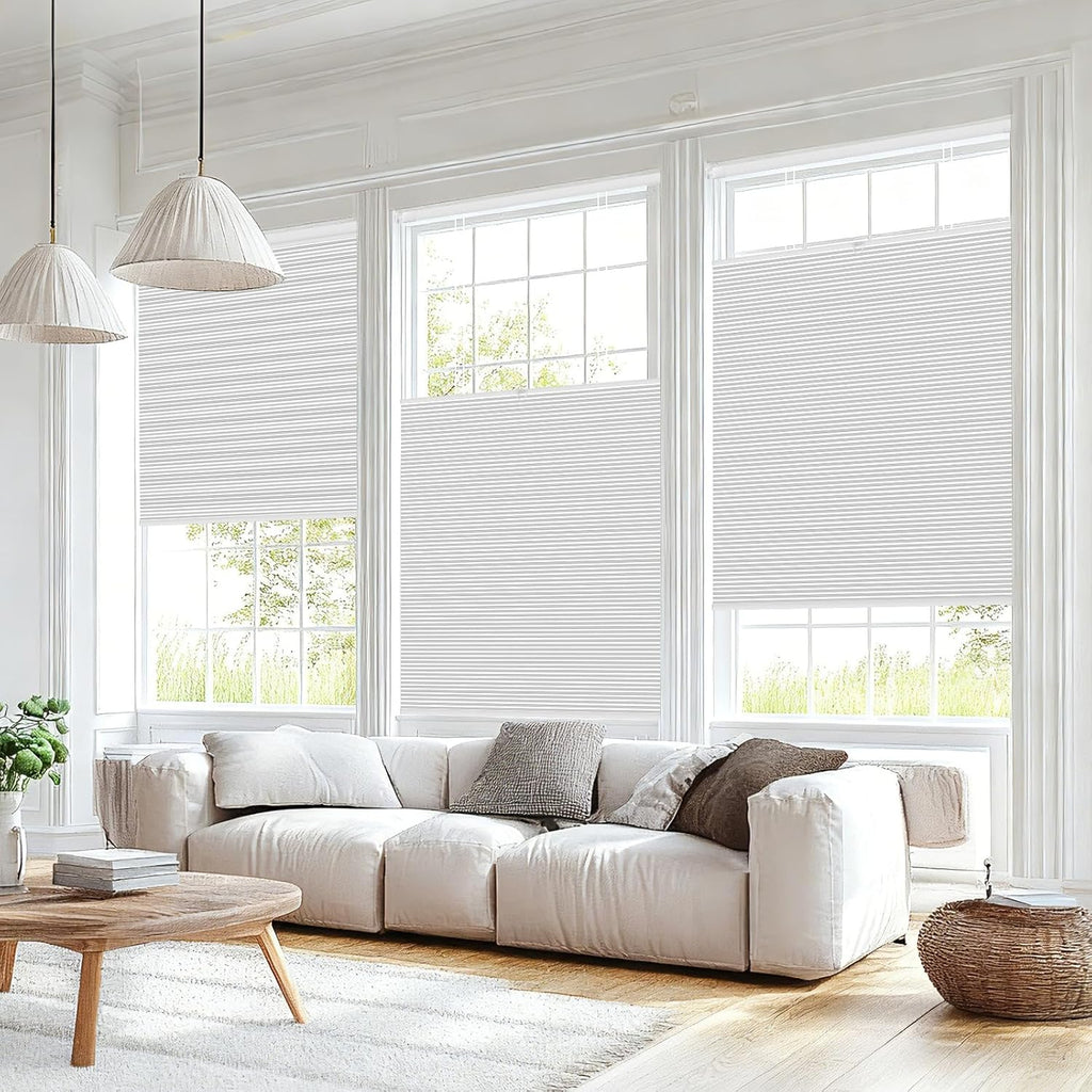 No Drill Top Down Bottom Up Cellular Shades, | White Cordless Blackout Honeycomb Blinds for Indoor Windows, Thermal