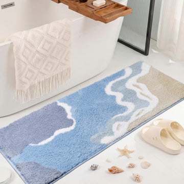 Blue Bathroom Runner Rugs, Non-Slip Absorbent Cute Coastal Bath Mat