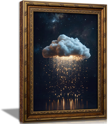 Vintage Gold Framed Moody Cloud Wall Art, Golden Glowing Rain Cloud Painting Canvas Prints, Modern Starry Sky